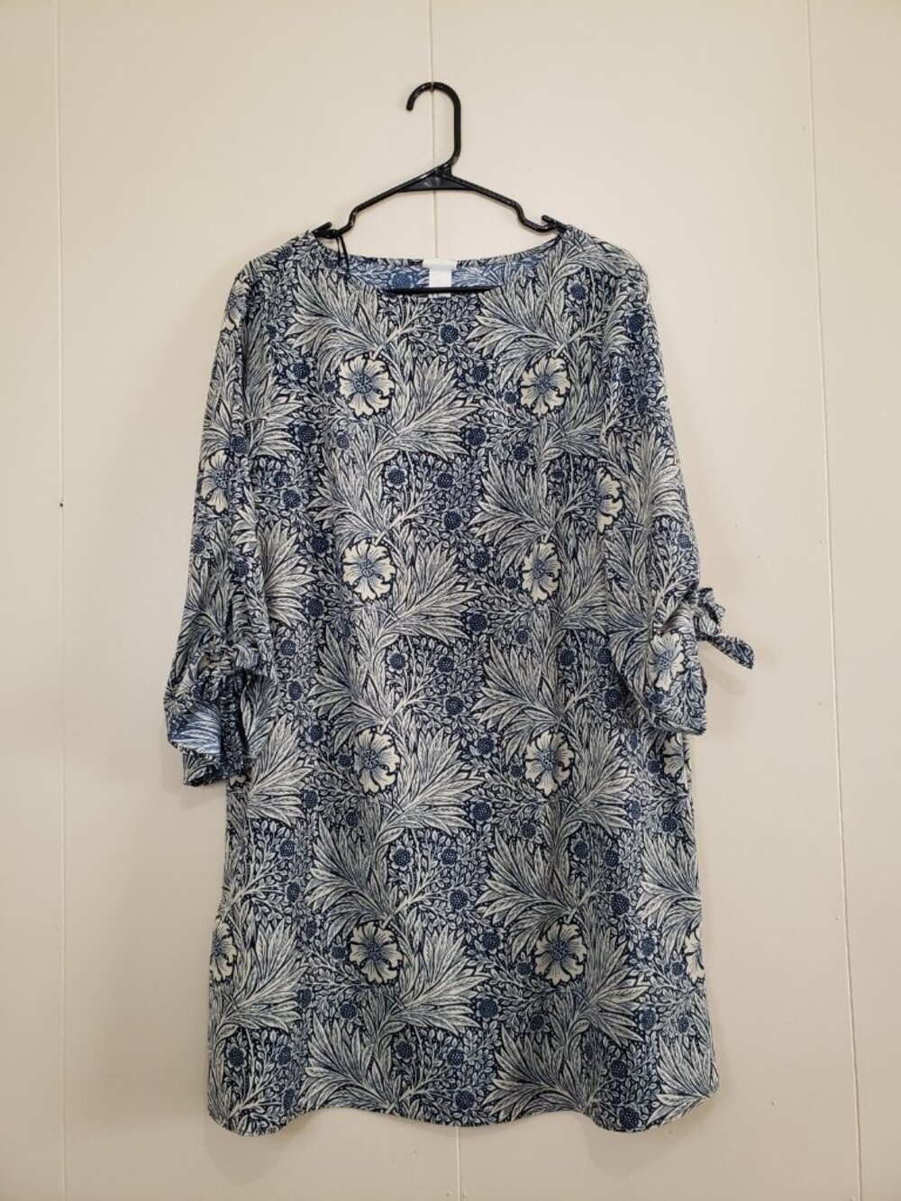 Morris & Co H&M Womens 12 Sheath Mini Dress Floral Blue 3/4 Bow Tie Sleeve Boho